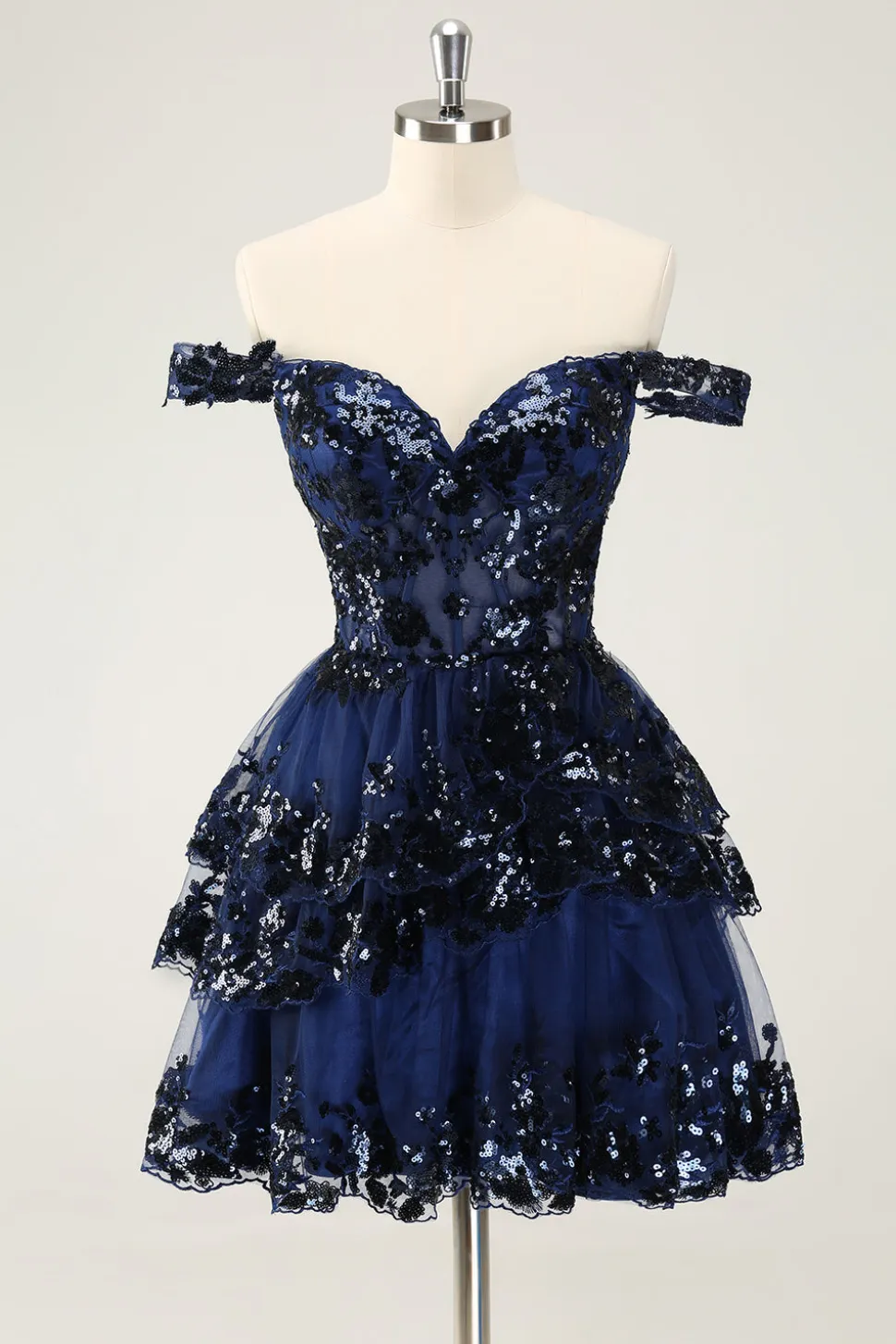 Preto brilhante Uma linha fora do espartilho ombro Tiered Lace Short Homecoming Dress