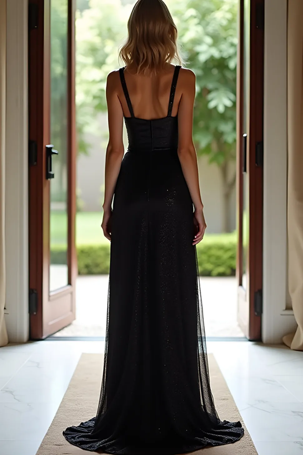Preto brilhante Uma linha espaguete alças longo vestido de baile com lantejoulas