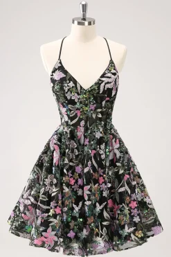 Preto Brilhante Uma Linha Floral Vestido Curto Homecoming com Sequins
