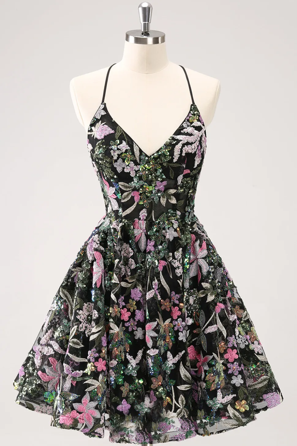 Preto Brilhante Uma Linha Floral Vestido Curto Homecoming com Sequins
