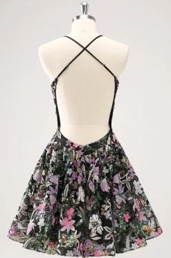 Preto Brilhante Uma Linha Floral Vestido Curto Homecoming com Sequins