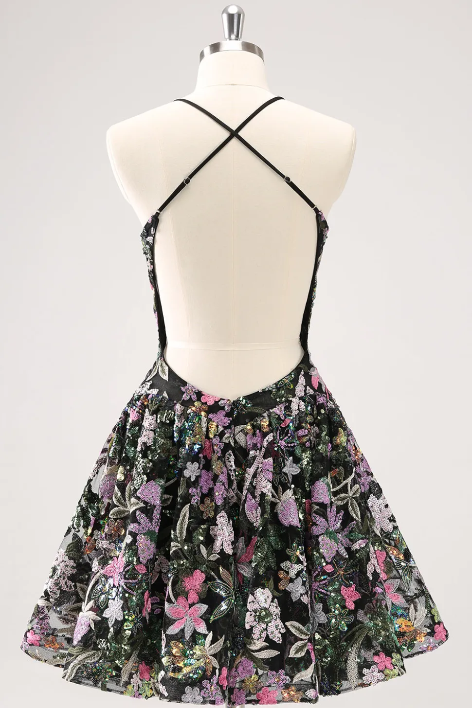 Preto Brilhante Uma Linha Floral Vestido Curto Homecoming com Sequins