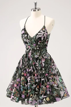 Preto Brilhante Uma Linha Floral Vestido Curto Homecoming com Sequins