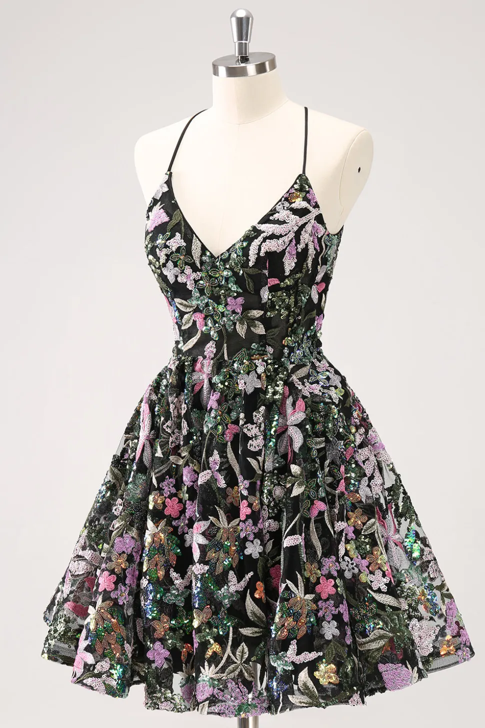 Preto Brilhante Uma Linha Floral Vestido Curto Homecoming com Sequins
