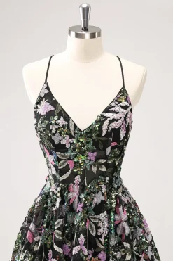 Preto Brilhante Uma Linha Floral Vestido Curto Homecoming com Sequins
