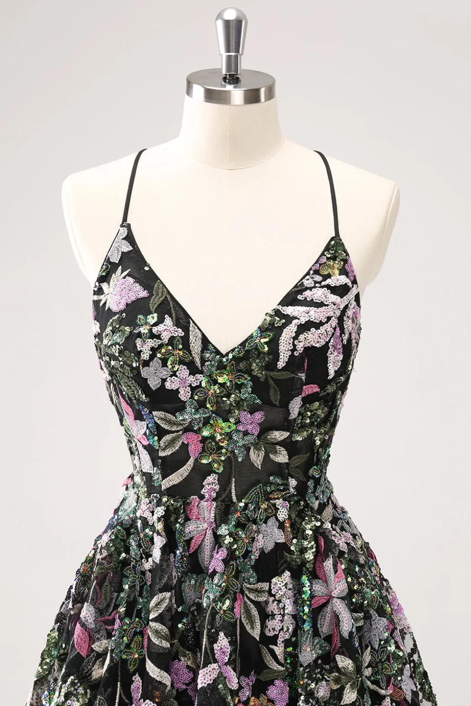 Preto Brilhante Uma Linha Floral Vestido Curto Homecoming com Sequins