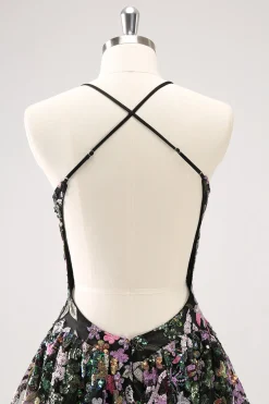 Preto Brilhante Uma Linha Floral Vestido Curto Homecoming com Sequins