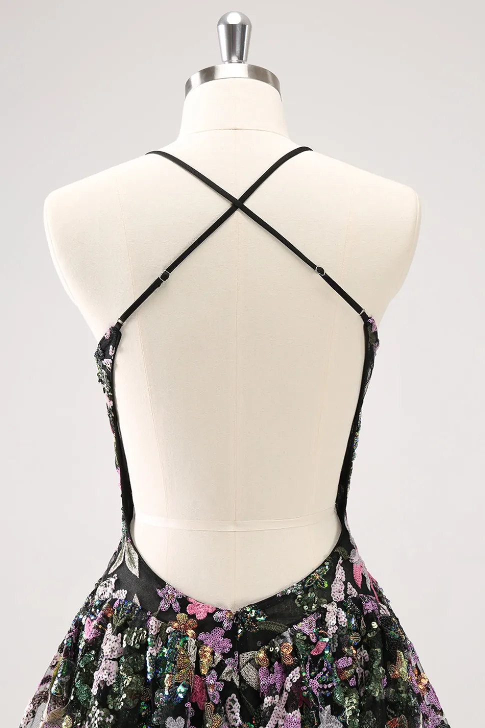 Preto Brilhante Uma Linha Floral Vestido Curto Homecoming com Sequins