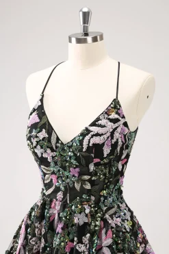 Preto Brilhante Uma Linha Floral Vestido Curto Homecoming com Sequins