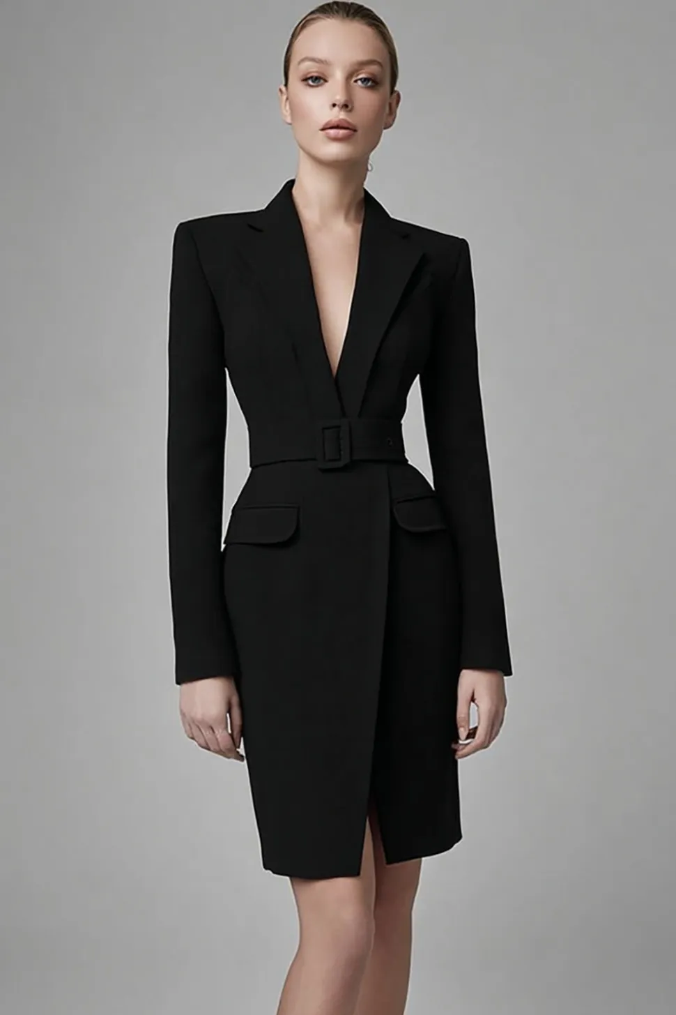 Preto Cetim Pico Lapela Bodycon Vestido de Trabalho