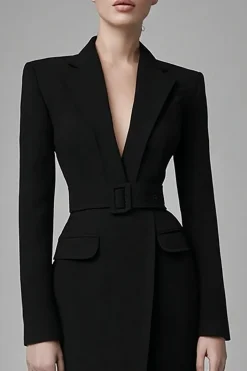 Preto Cetim Pico Lapela Bodycon Vestido de Trabalho