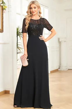 Preto Chiffon Meia Mangas Pescoço Redondo Apliques Uma Linha Mãe do Vestido da Noiva