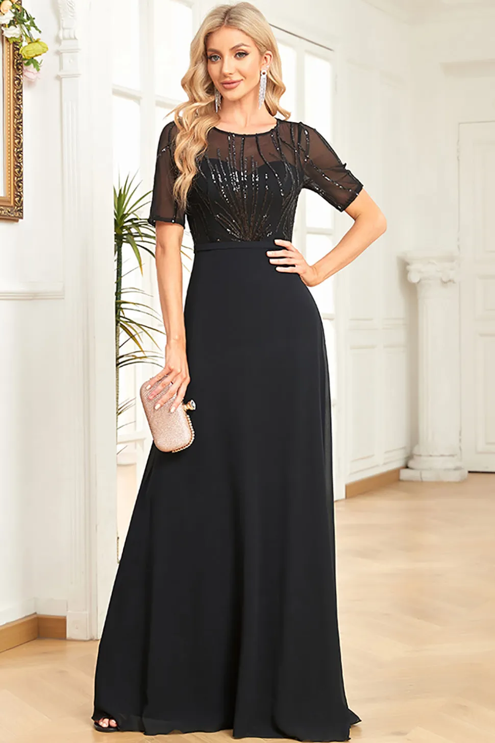 Preto Chiffon Meia Mangas Pescoço Redondo Apliques Uma Linha Mãe do Vestido da Noiva