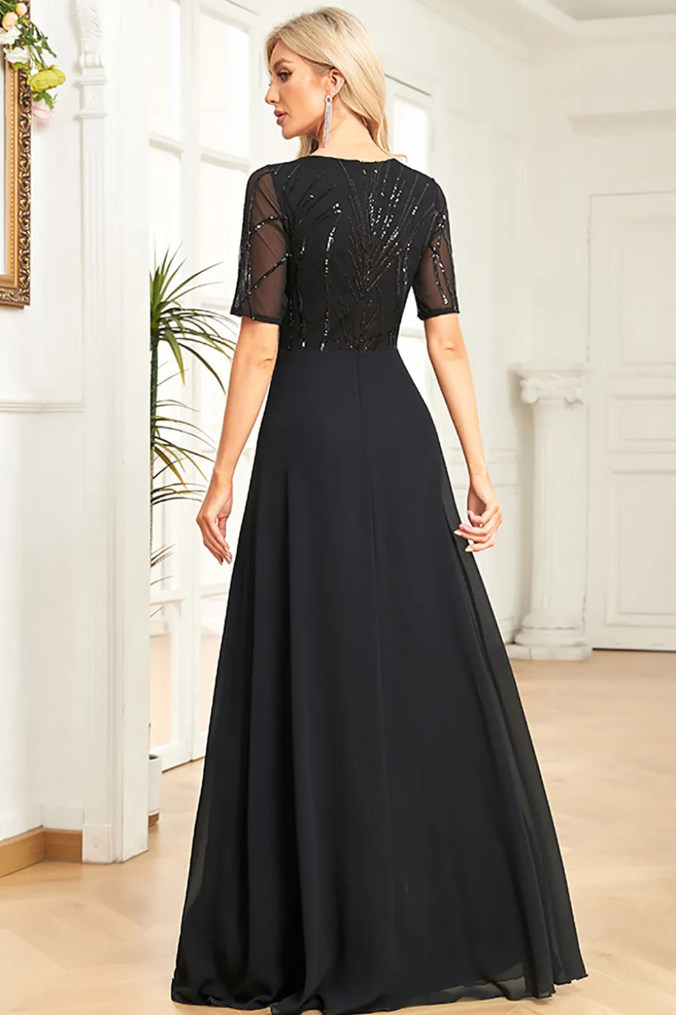 Preto Chiffon Meia Mangas Pescoço Redondo Apliques Uma Linha Mãe do Vestido da Noiva