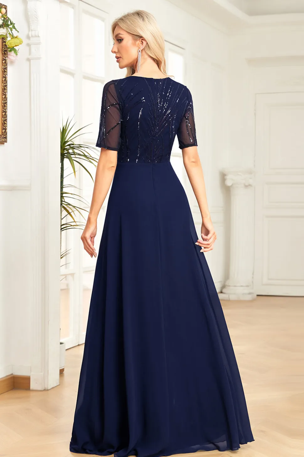 Preto Chiffon Meia Mangas Pescoço Redondo Apliques Uma Linha Mãe do Vestido da Noiva
