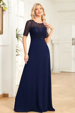 Preto Chiffon Meia Mangas Pescoço Redondo Apliques Uma Linha Mãe do Vestido da Noiva