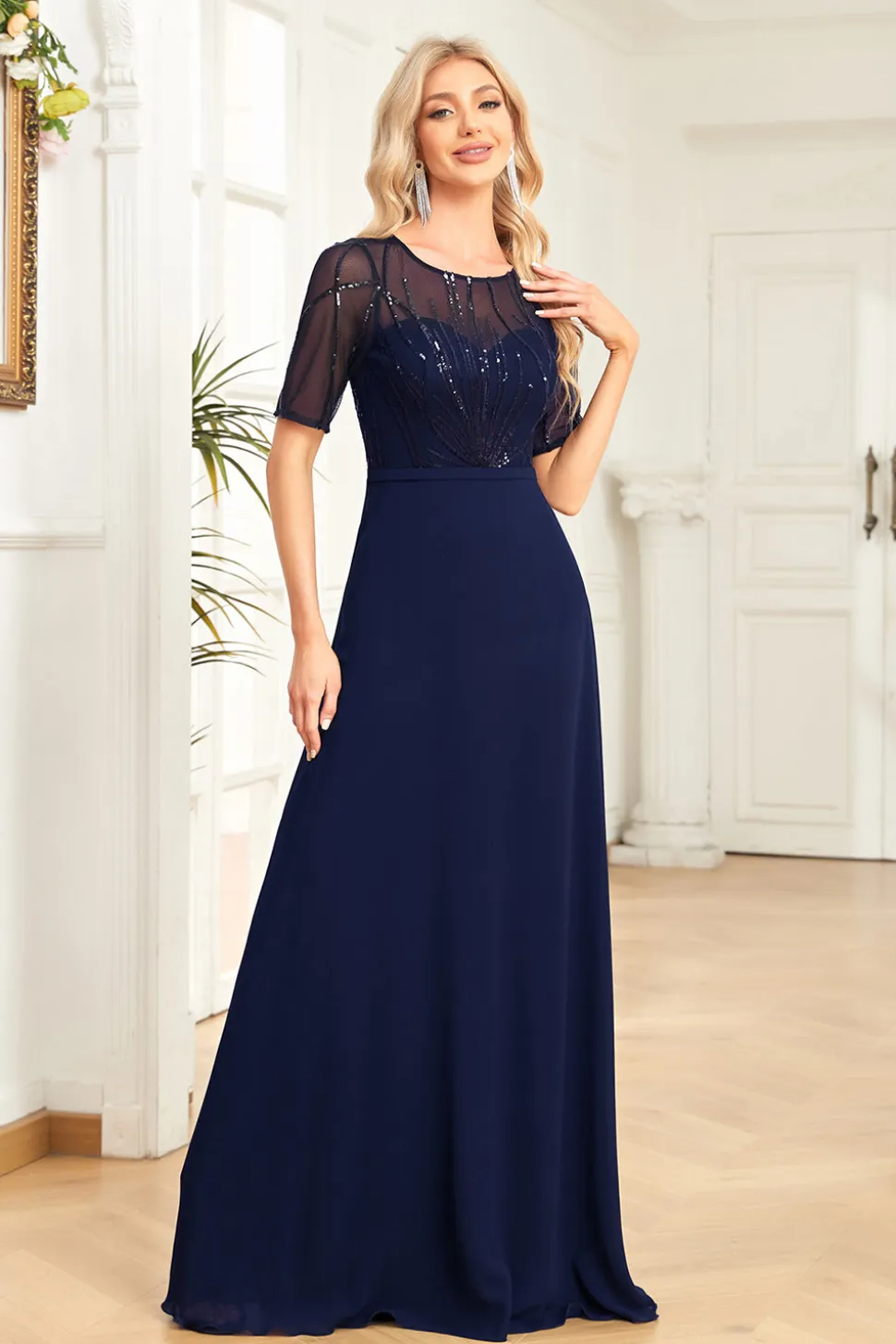 Preto Chiffon Meia Mangas Pescoço Redondo Apliques Uma Linha Mãe do Vestido da Noiva