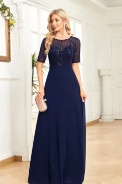 Preto Chiffon Meia Mangas Pescoço Redondo Apliques Uma Linha Mãe do Vestido da Noiva
