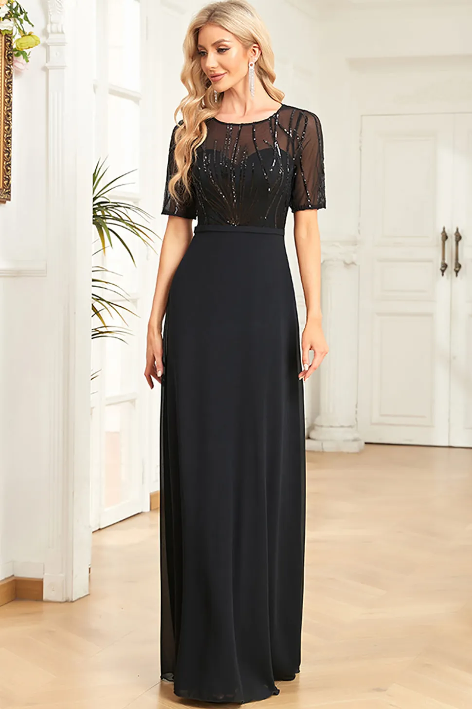 Preto Chiffon Meia Mangas Pescoço Redondo Apliques Uma Linha Mãe do Vestido da Noiva