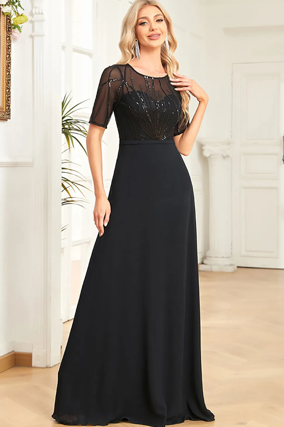 Preto Chiffon Meia Mangas Pescoço Redondo Apliques Uma Linha Mãe do Vestido da Noiva
