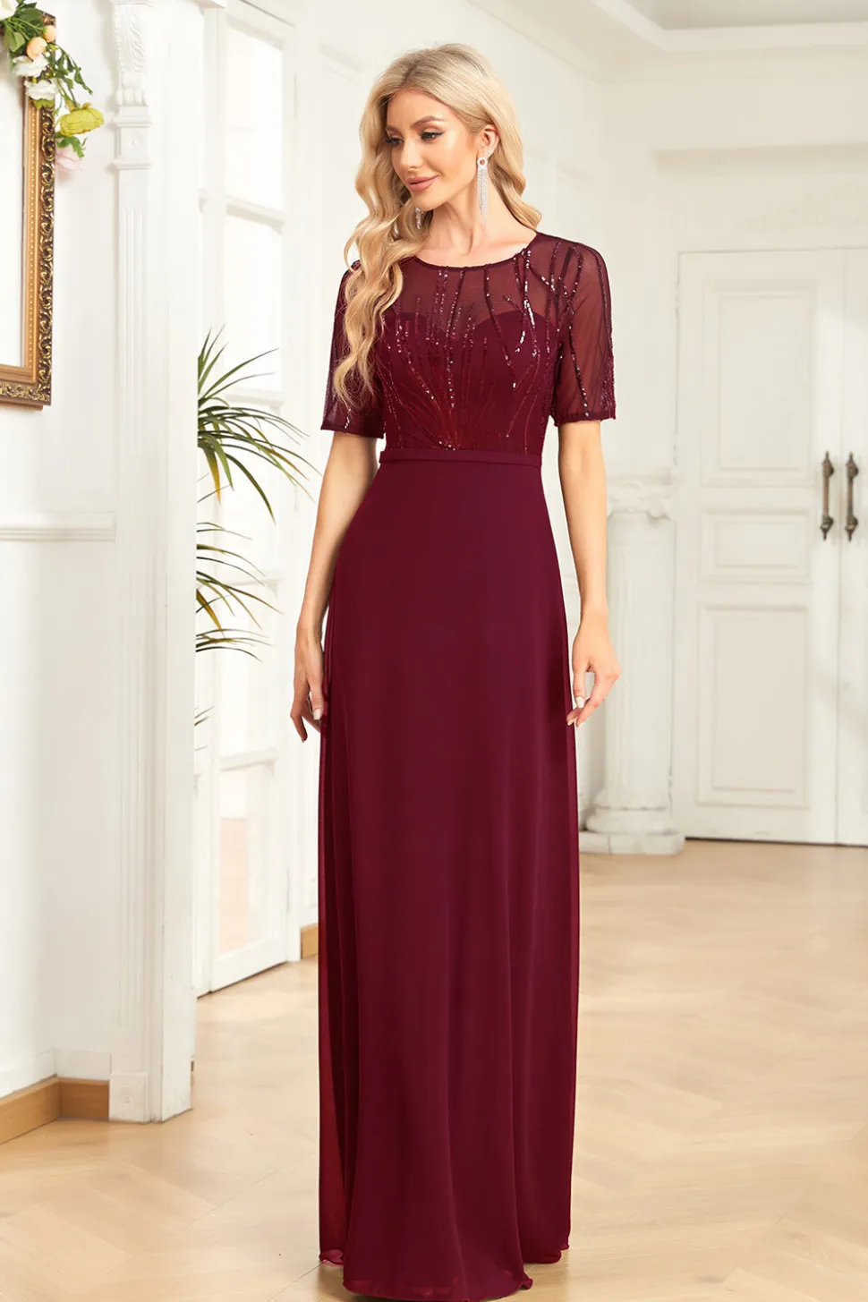 Preto Chiffon Meia Mangas Pescoço Redondo Apliques Uma Linha Mãe do Vestido da Noiva