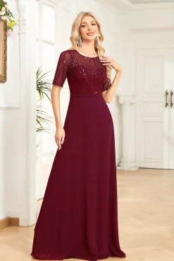 Preto Chiffon Meia Mangas Pescoço Redondo Apliques Uma Linha Mãe do Vestido da Noiva