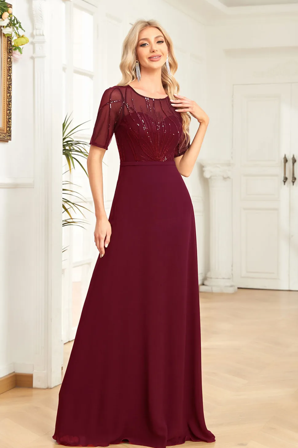 Preto Chiffon Meia Mangas Pescoço Redondo Apliques Uma Linha Mãe do Vestido da Noiva