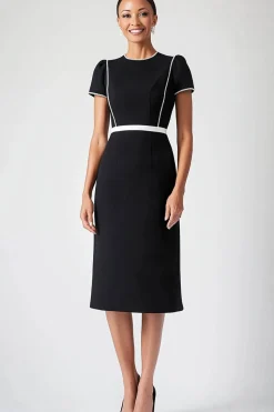 Preto Crew Neck Cap Mangas Cinto Midi Comprimento Vestido Mãe