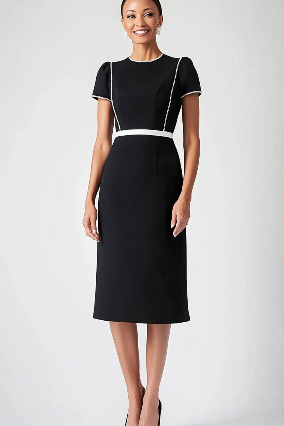 Preto Crew Neck Cap Mangas Cinto Midi Comprimento Vestido Mãe