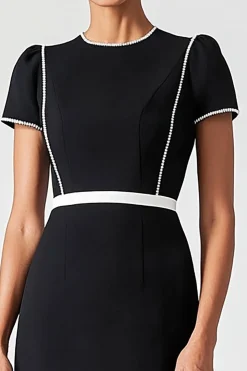 Preto Crew Neck Cap Mangas Cinto Midi Comprimento Vestido Mãe