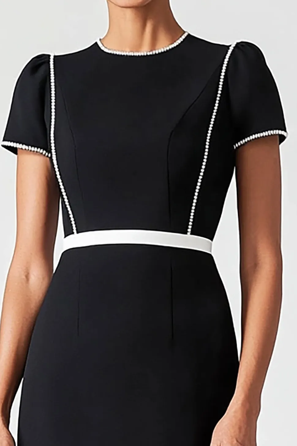 Preto Crew Neck Cap Mangas Cinto Midi Comprimento Vestido Mãe