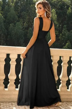 Preto Criss Cross Correias Uma Linha Long Bridesmaid Dress com Fenda