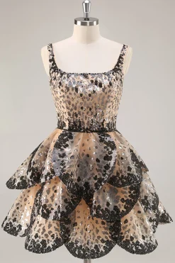Preto Damasco Sequined Tiered A Line Homecoming Dress