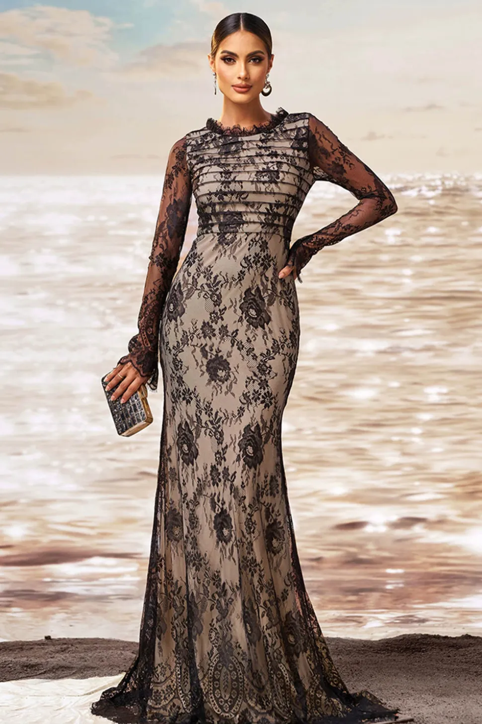 Preto damasco sereia babado pescoço mangas compridas ruched renda longo vestido formal
