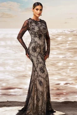 Preto damasco sereia babado pescoço mangas compridas ruched renda longo vestido formal