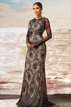 Preto damasco sereia babado pescoço mangas compridas ruched renda longo vestido formal