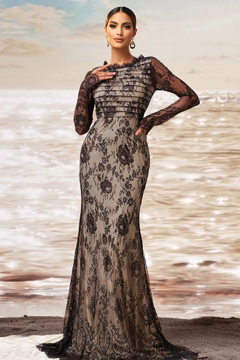 Preto damasco sereia babado pescoço mangas compridas ruched renda longo vestido formal