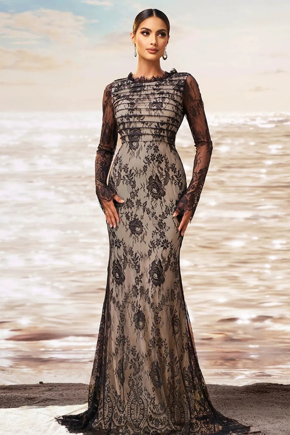 Preto damasco sereia babado pescoço mangas compridas ruched renda longo vestido formal