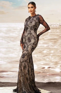 Preto damasco sereia babado pescoço mangas compridas ruched renda longo vestido formal