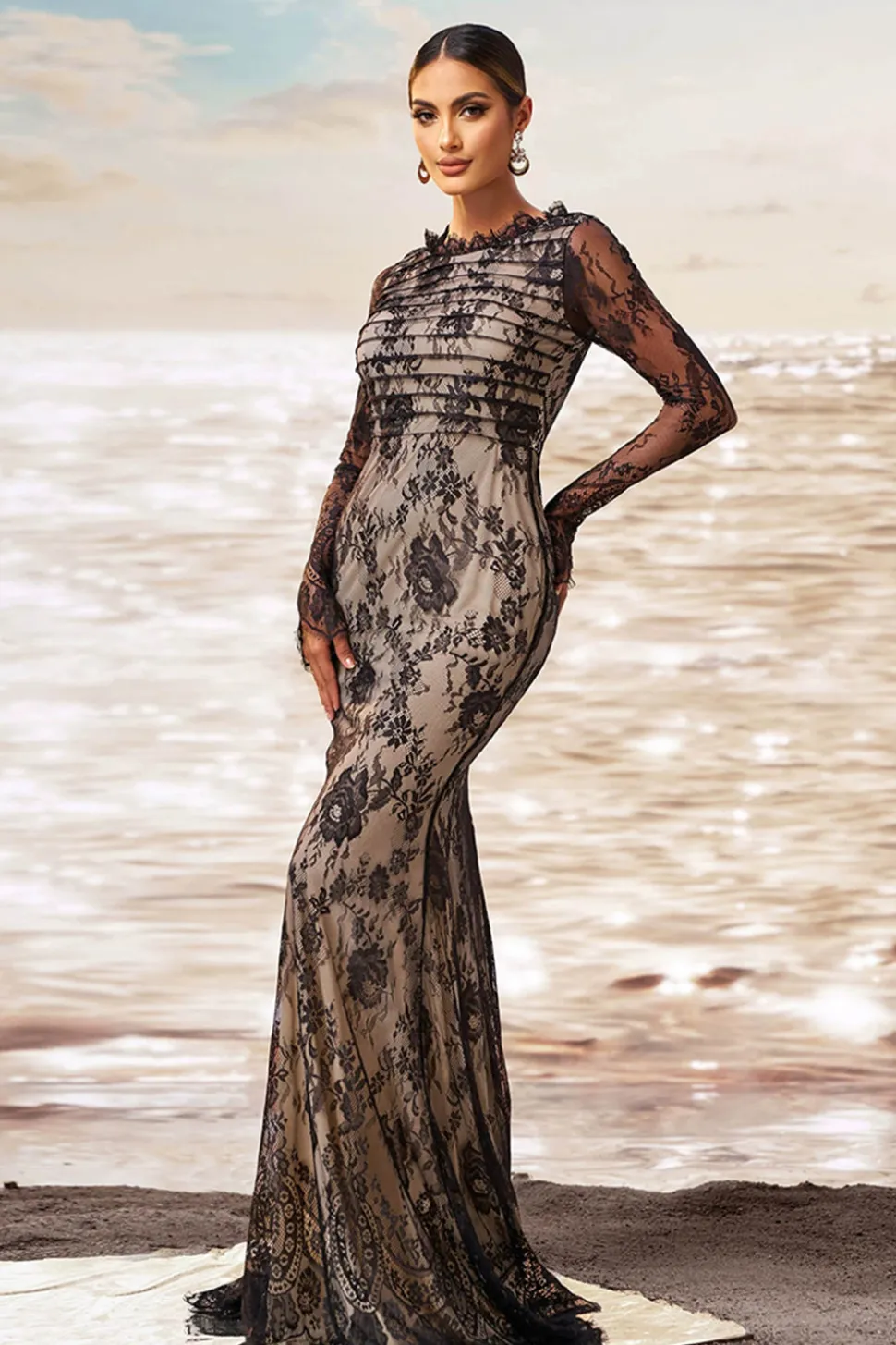 Preto damasco sereia babado pescoço mangas compridas ruched renda longo vestido formal
