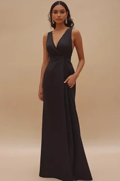 Preto Decote em V Bainha Cetim Longos Vestidos Cerimónia