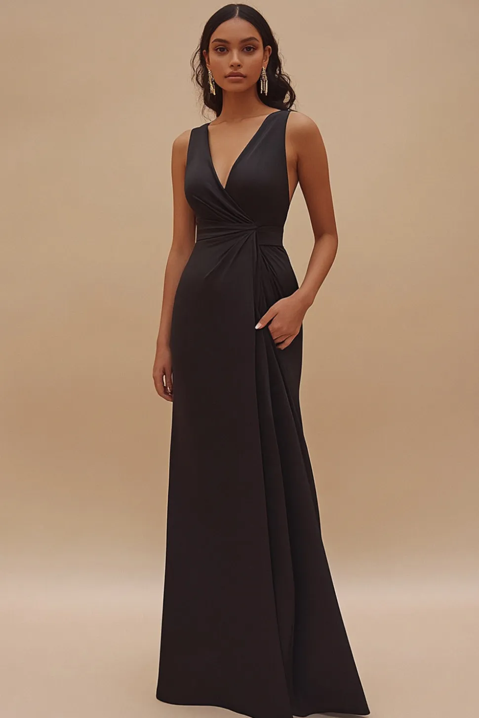 Preto Decote em V Bainha Cetim Longos Vestidos Cerimónia