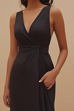 Preto Decote em V Bainha Cetim Longos Vestidos Cerimónia