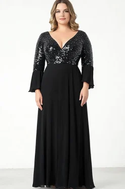 Preto Decote em V Lantejoulas Tamanhos Grandes Longo Vestido Mae Noiva