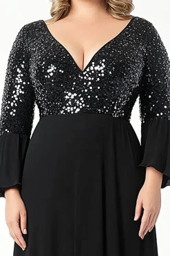 Preto Decote em V Lantejoulas Tamanhos Grandes Longo Vestido Mae Noiva