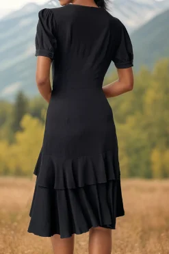 Preto Decote em V Linha-A Plissado Midi Vestido de Verão