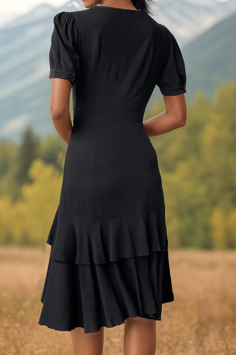 Preto Decote em V Linha-A Plissado Midi Vestido de Verão