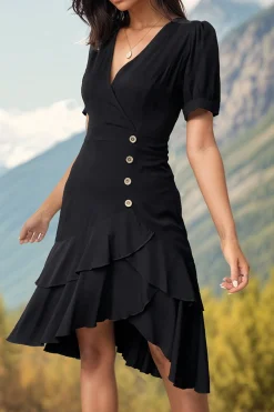Preto Decote em V Linha-A Plissado Midi Vestido de Verão