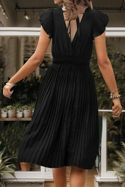 Preto Decote em V Linha-A Plissado vestido de verão