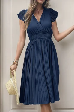 Preto Decote em V Linha-A Plissado vestido de verão